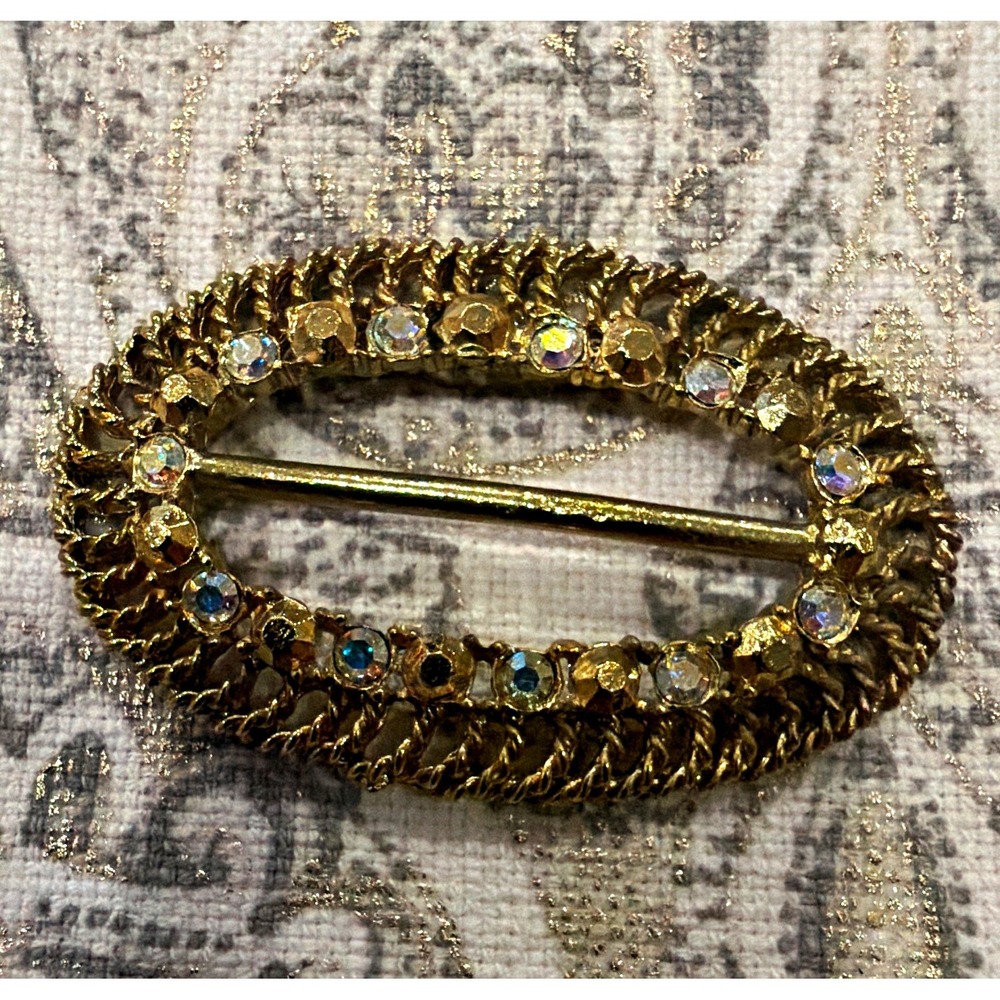 Oval Gold Tone Metal Scarf Clip w/ Clear Simulated Rhinestones for Women